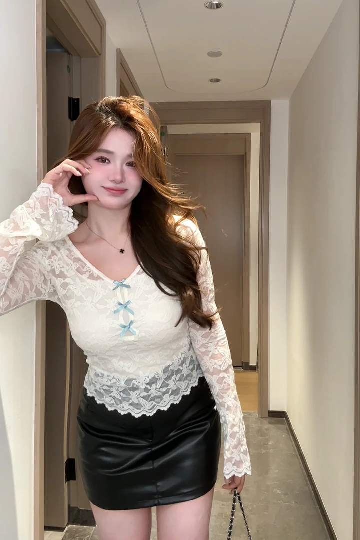 胖MM大码2025年春季新款纯欲甜辣妹蕾丝蝴蝶结盐系轻熟风蕾丝上衣