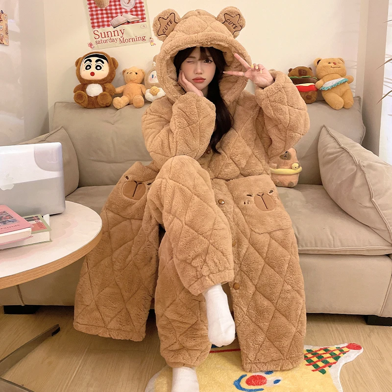 珊瑚绒睡衣女冬季加绒加厚2024新款爆款三层夹棉保暖可外穿家居服