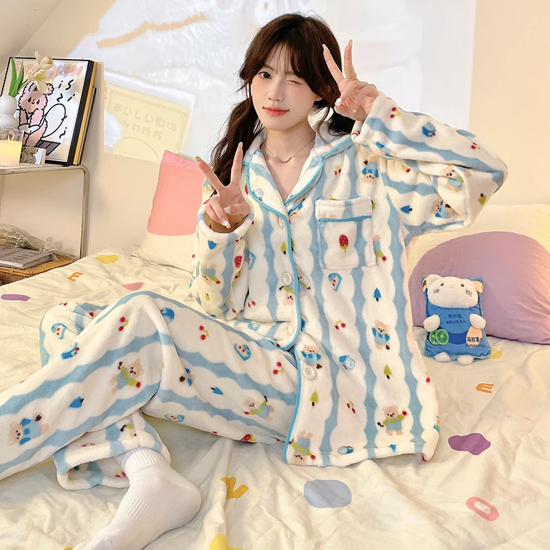 珊瑚绒睡衣女秋冬季加绒加厚2024新款小熊糖果可外穿家居服套装