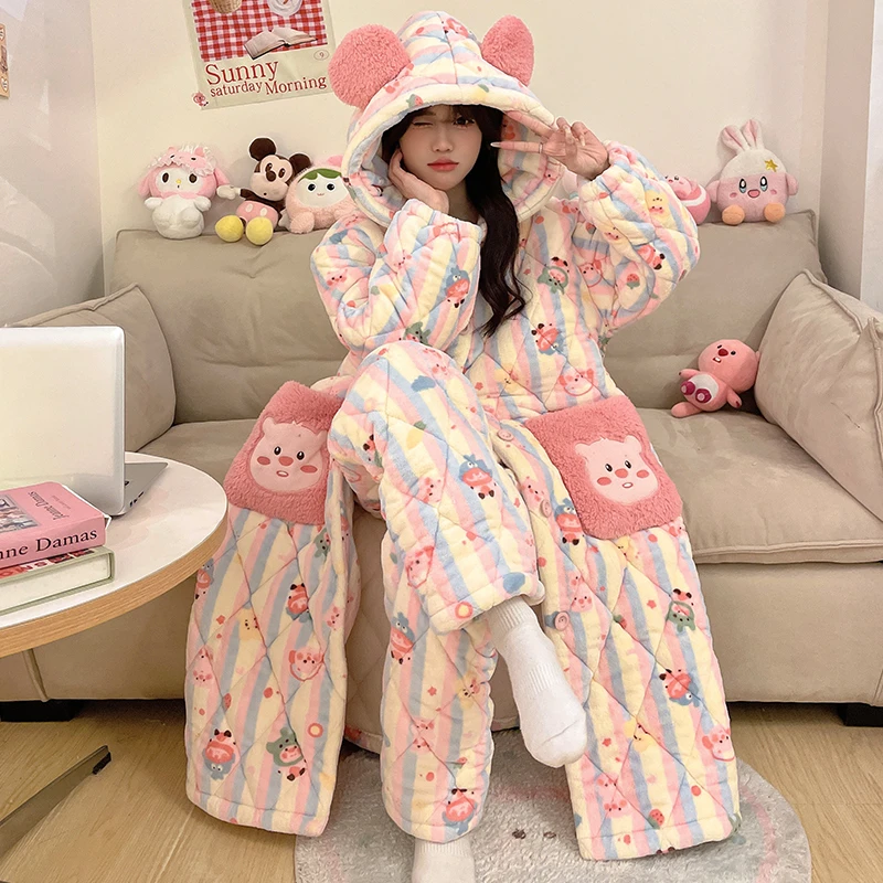 三层夹棉法兰绒睡衣女冬季加绒加厚2024新款爆款保暖可外穿家居服