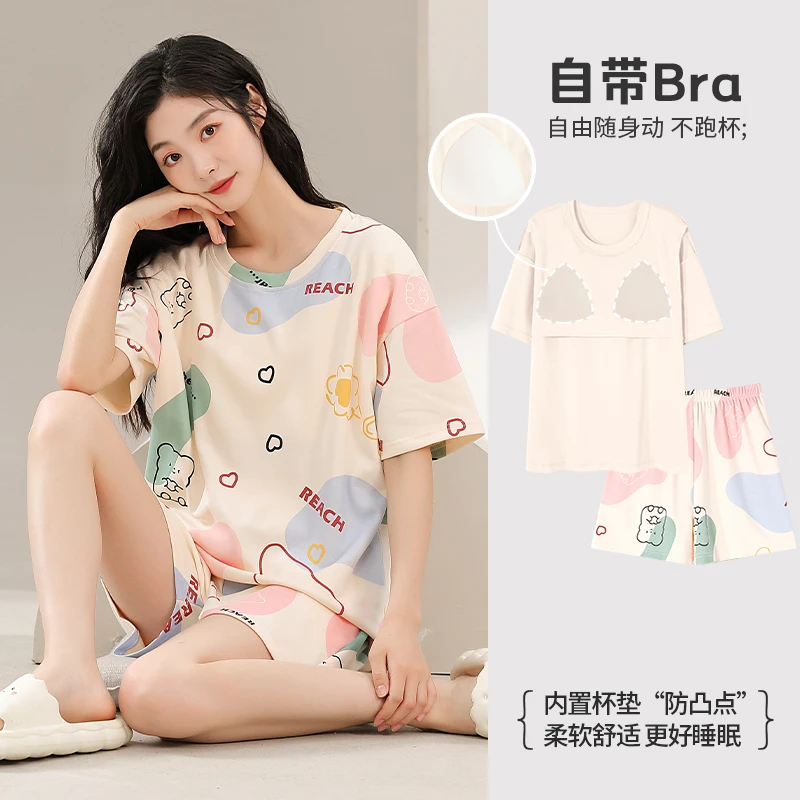 纯棉睡衣女100%全棉2024新款可爱卡通夏季短袖短裤带胸垫家居服女