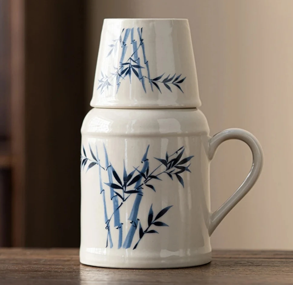 茶周边  竹子小暖壶  闷茶壶带茶杯陶瓷保温壶大容量马克杯带盖