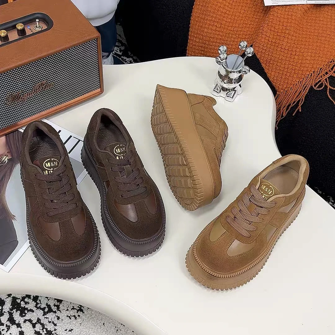 991-163韩版厚底增高复古板鞋女磨砂皮拼接松糕鞋系带休闲鞋