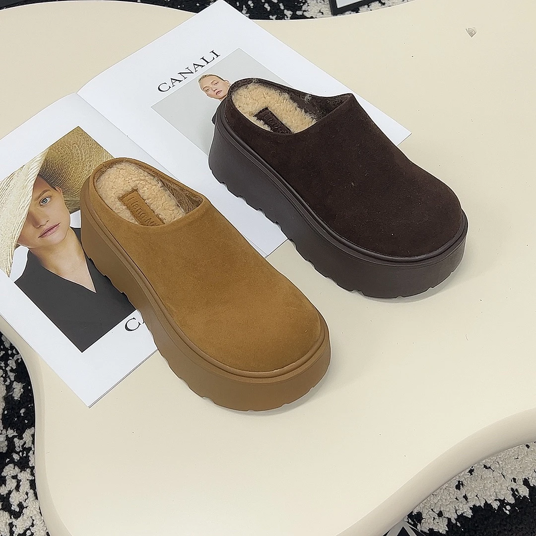 1301时尚个性厚底包头拖鞋女磨砂皮休闲懒人毛毛半拖鞋