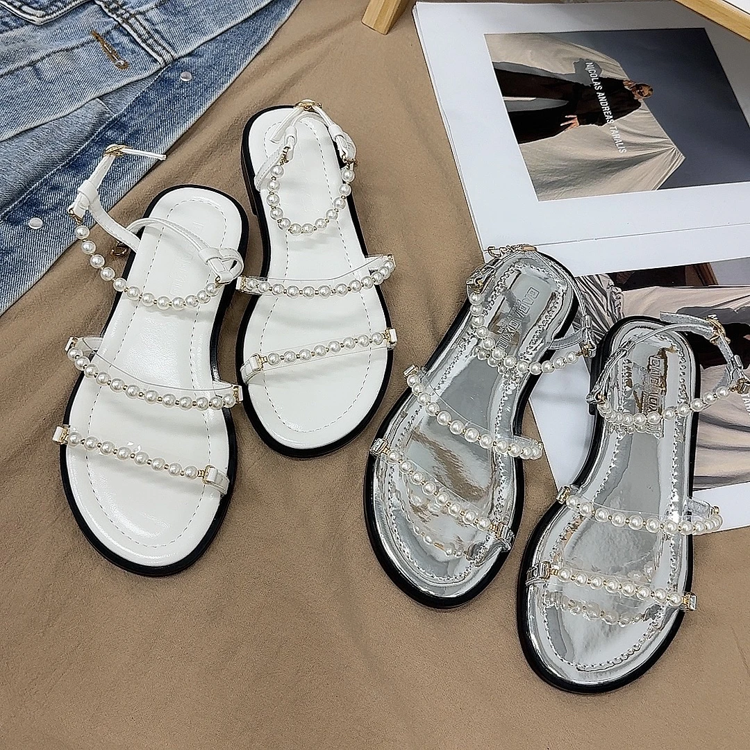 317-6 仲夏晚风新款夏季仙女风珍珠粗跟一字透明带精致度假凉鞋