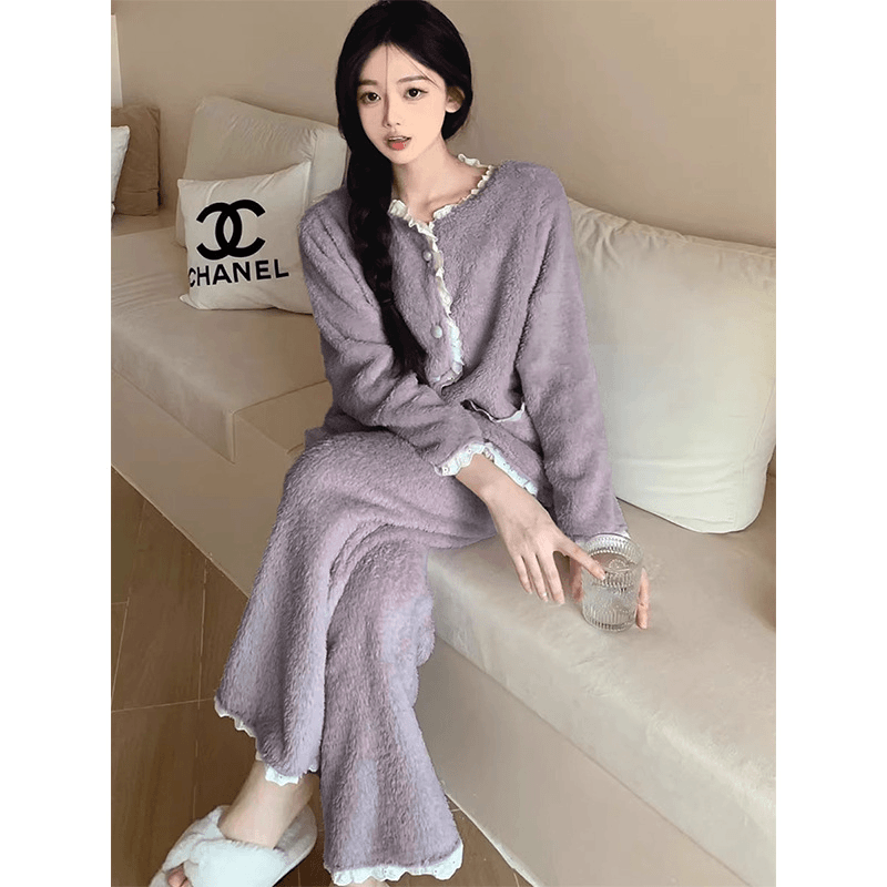 跨境法兰绒家居服套装秋季新款甜美少女外穿保暖蕾丝花边睡衣代发