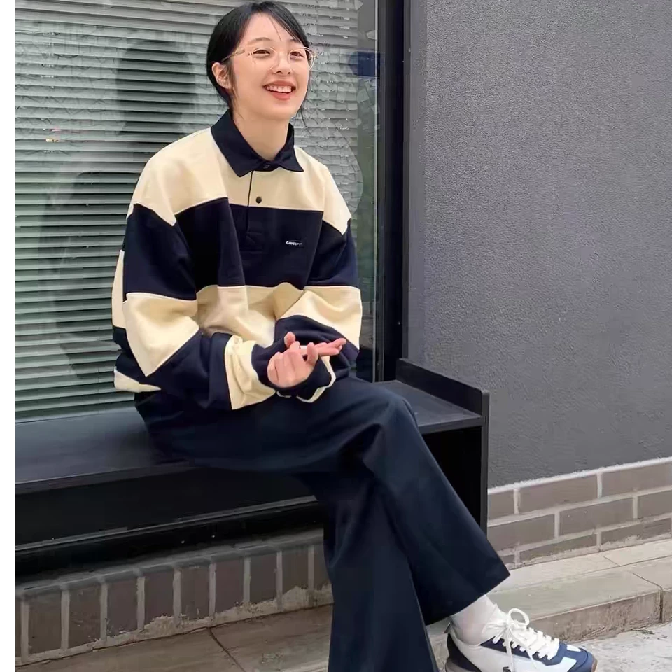 韩国潮牌金宝罗江疏影明星同款撞色宽松polo领条纹卫衣女春秋新款