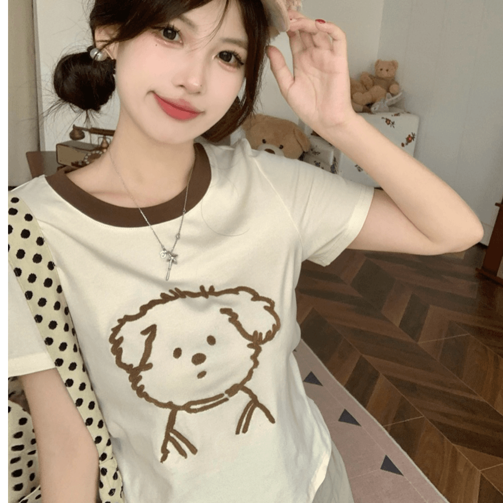 2024年大码女装新款圆领短袖卡通绣花短袖T恤