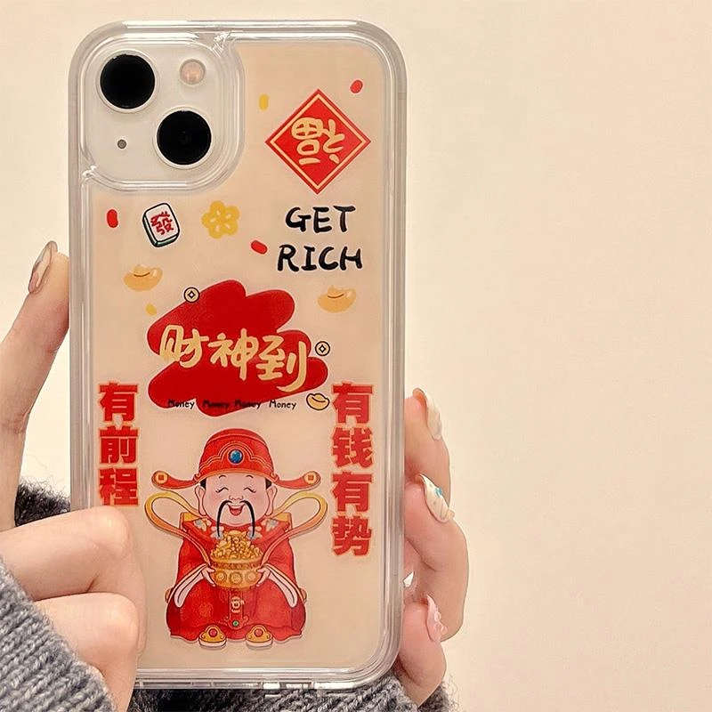 苹果15卡通中国风喜庆财神爷iphone透明手机壳可爱情侣防摔全包