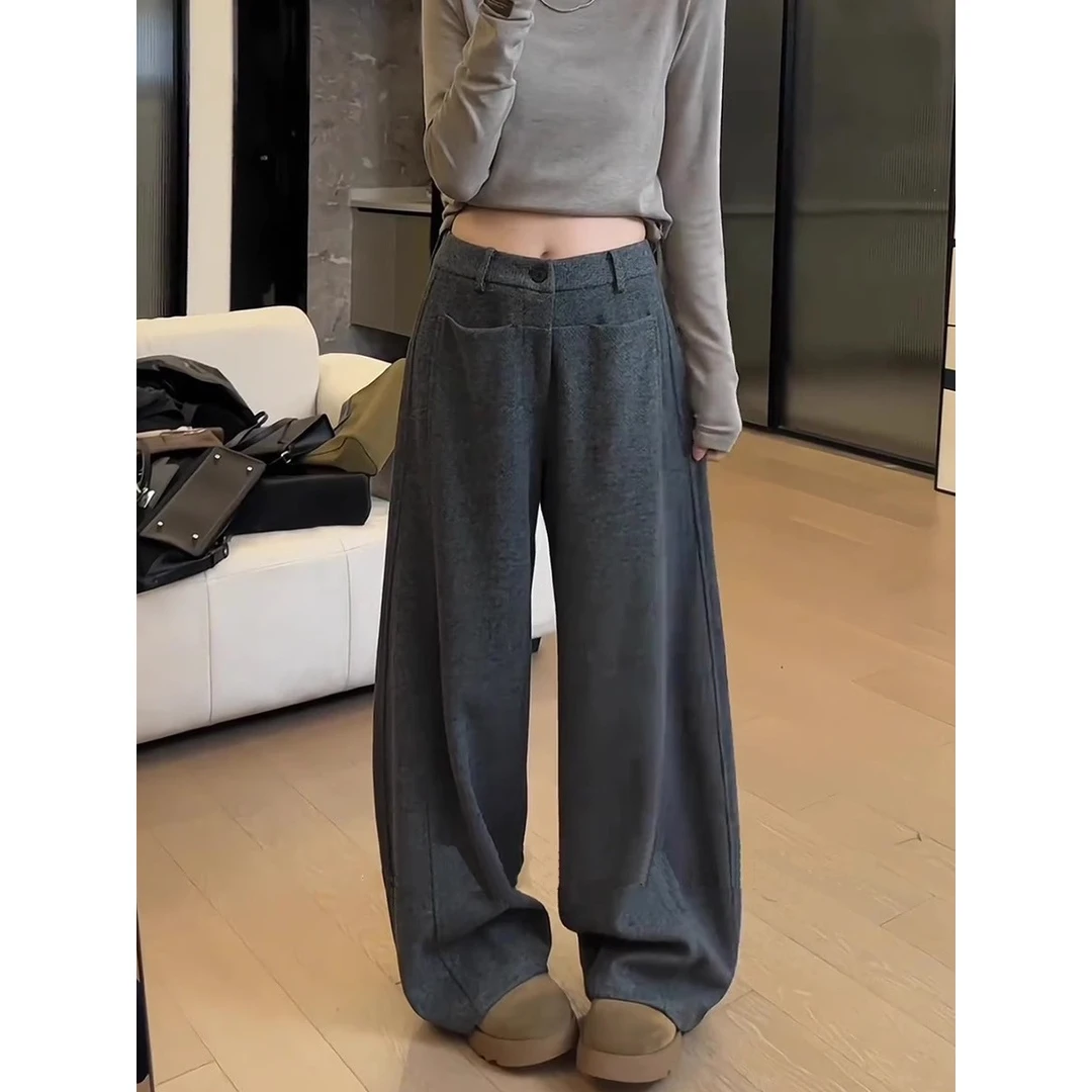 2025冬季百搭大码女装一字兜宽松阔腿休闲裤胖妹妹显瘦弯刀拖地裤