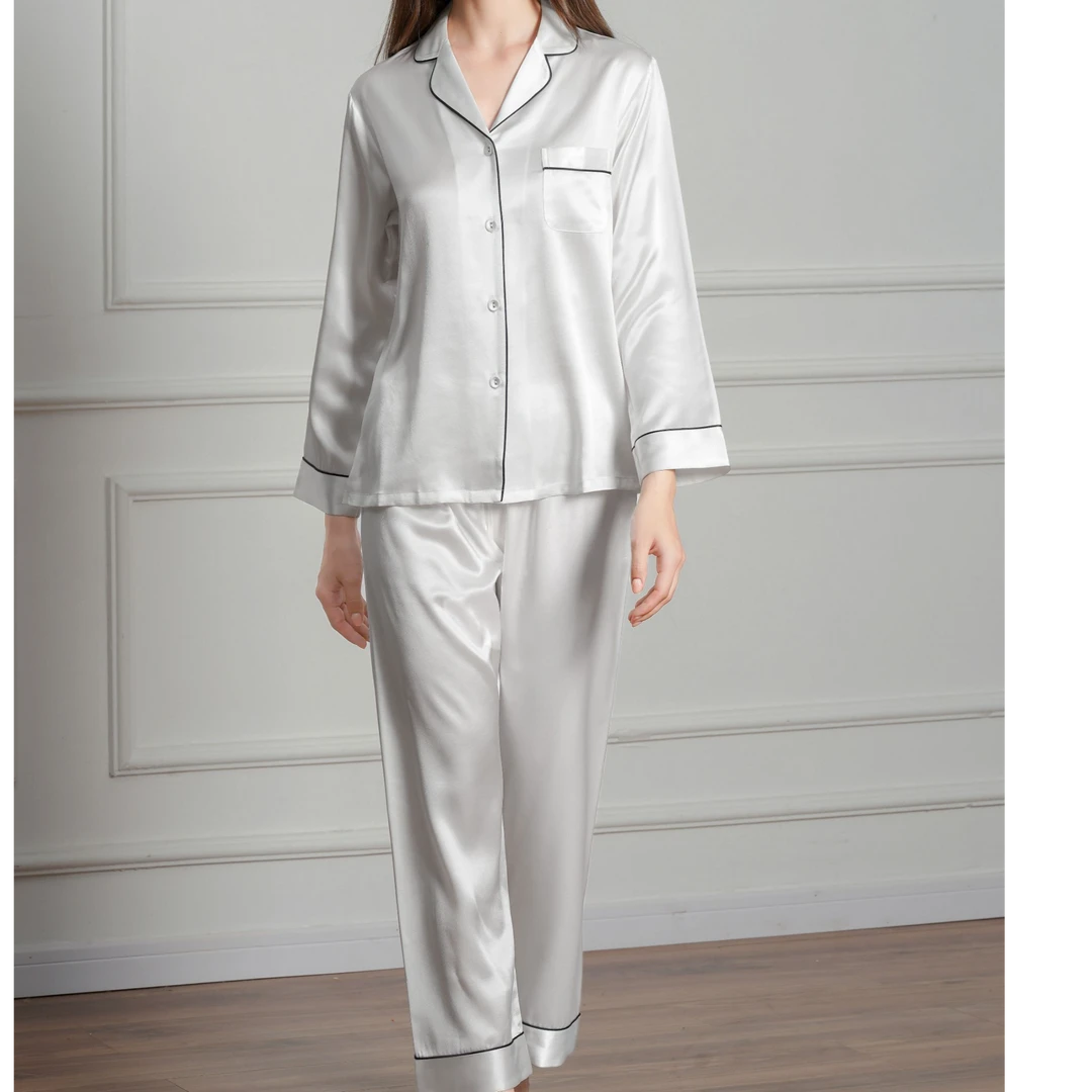 100%桑蚕丝22姆米真丝睡衣春夏套装长袖长裤宽松透气家居服薄款