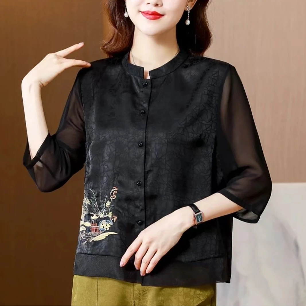 N075【锦悦】夏季中式上衣春夏时尚休闲龟裂纹气质拼接复古开衫外披