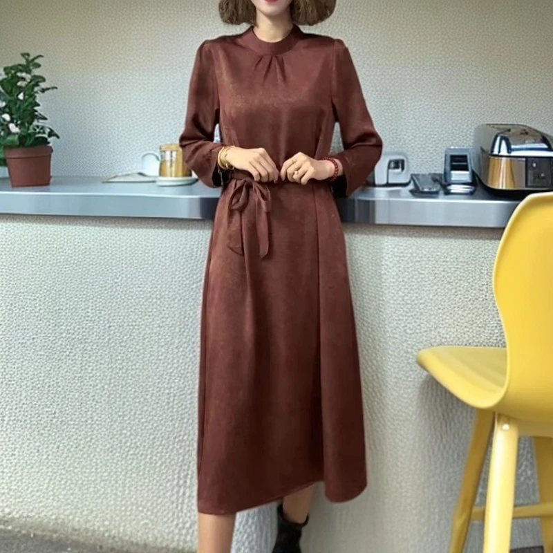 气质显瘦高贵缎面烫金连衣裙女春秋中长款百搭时尚优雅女士连衣裙