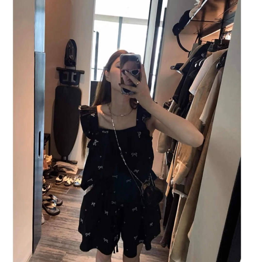 高个子加长版【无袖上衣+短裤套装】（适合160以上拍）刺绣蝴蝶结吊带