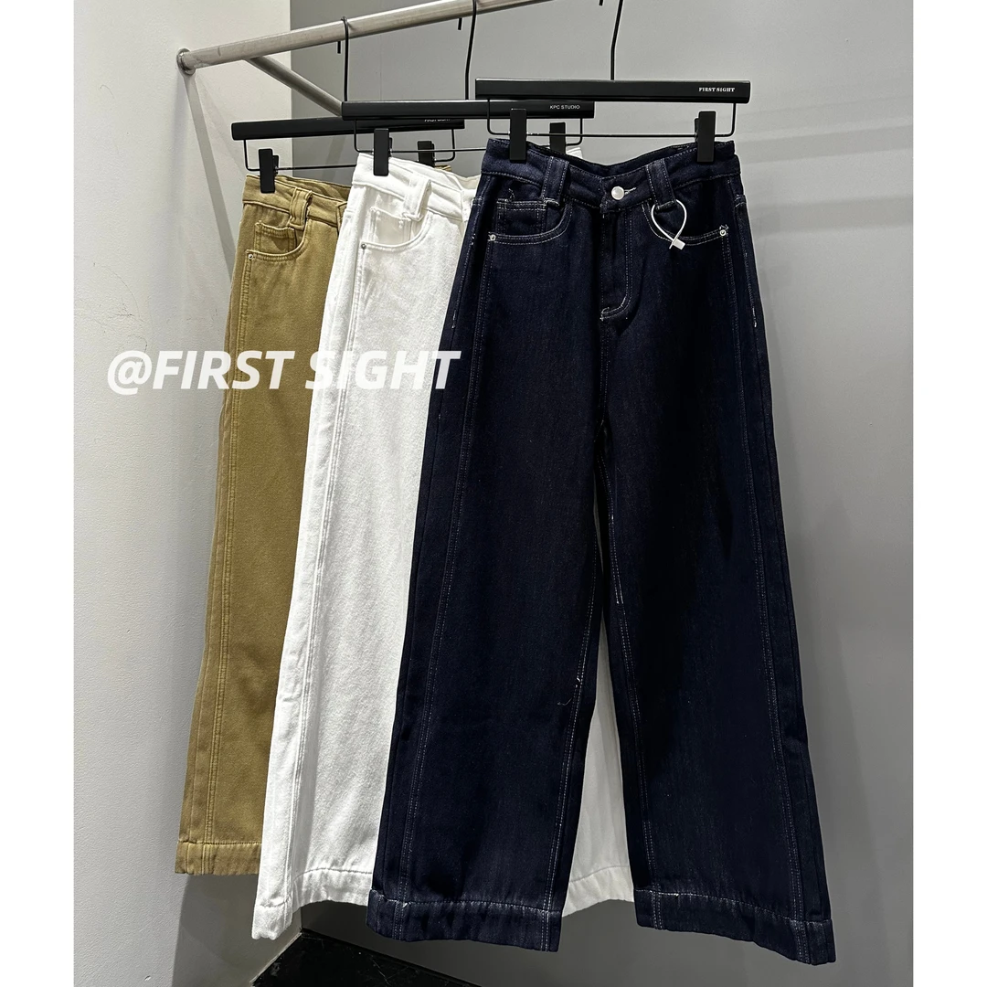 初见家【复古高腰宽松直筒牛仔裤（加绒）】2024秋冬高腰显瘦直筒长裤