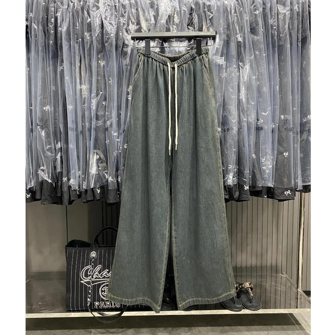 初见家【松紧腰系带直筒牛仔裤】2023新款复古宽松显瘦百搭休闲长裤