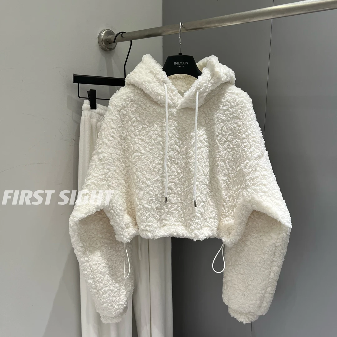 初见家自制【加厚羊羔绒卫衣】2023冬连帽短款宽松收腰外套