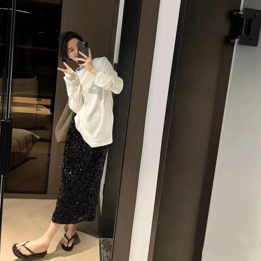 初见家【高腰亮片开叉半身裙】春款女秋冬小个人长款直筒裙