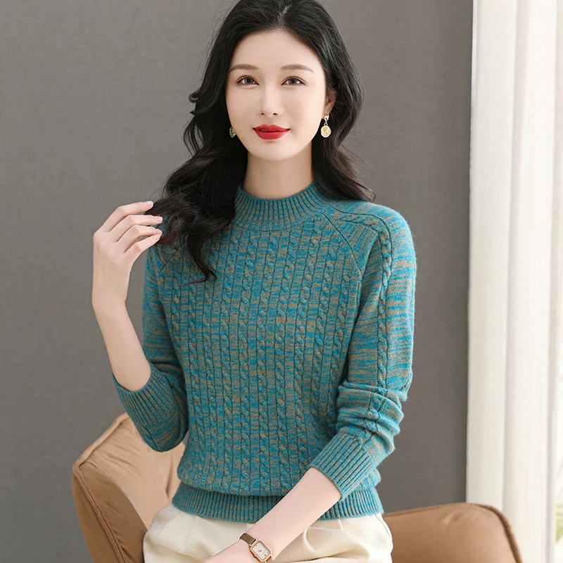 2024冬款圆领女针织衫纯色厚款长袖套头麻花休闲上衣百搭时尚