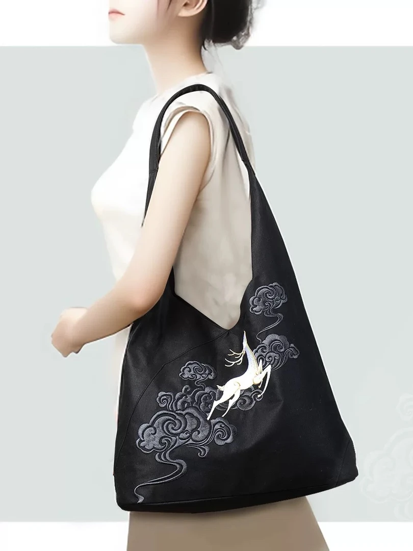 【鹿踏祥云包】香云玫瑰提花老料38*24女士复古托特包重工印花