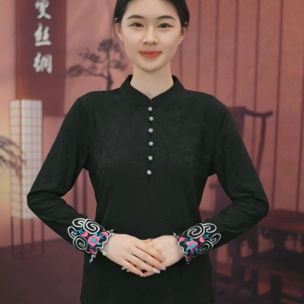 【刺绣打底衫】黑色秋季内搭新款衬衫上衣重磅香云纱国风提花