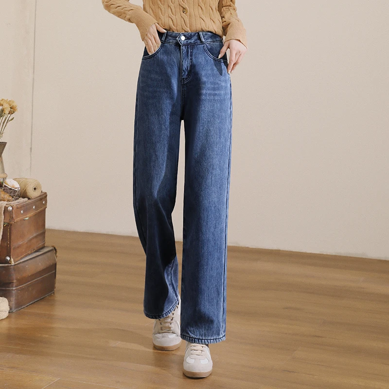 嬉皮少女高腰加绒女冬可翻边宽松百搭直筒拖地阔腿牛仔裤62027