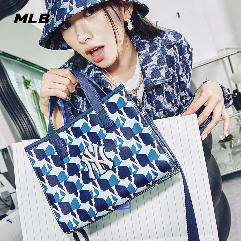 MLB男女情侣托特包复古几何老花单肩包挎包休闲潮秋冬款3AORS022N