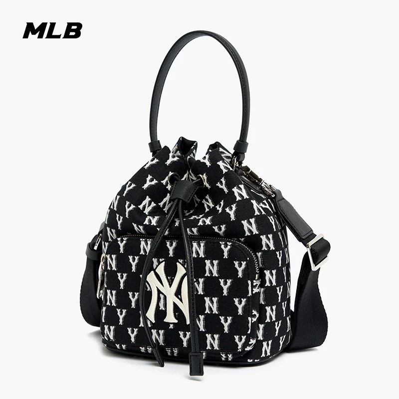 MLB复古老花满印水桶包手提单肩斜挎包常规男女同款黑色3ABMS031N