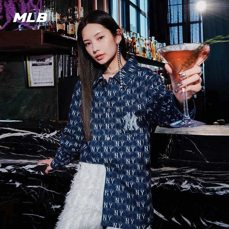 MLB男女情侣几何老花牛仔衬衫时尚宽松外套23秋季新款3ADRM0734