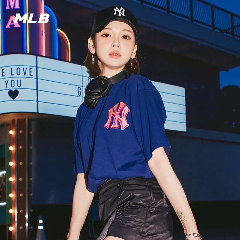 MLB虞书欣明星同款男女情侣印花logo短袖T恤潮流夏季款 3ATSL0233