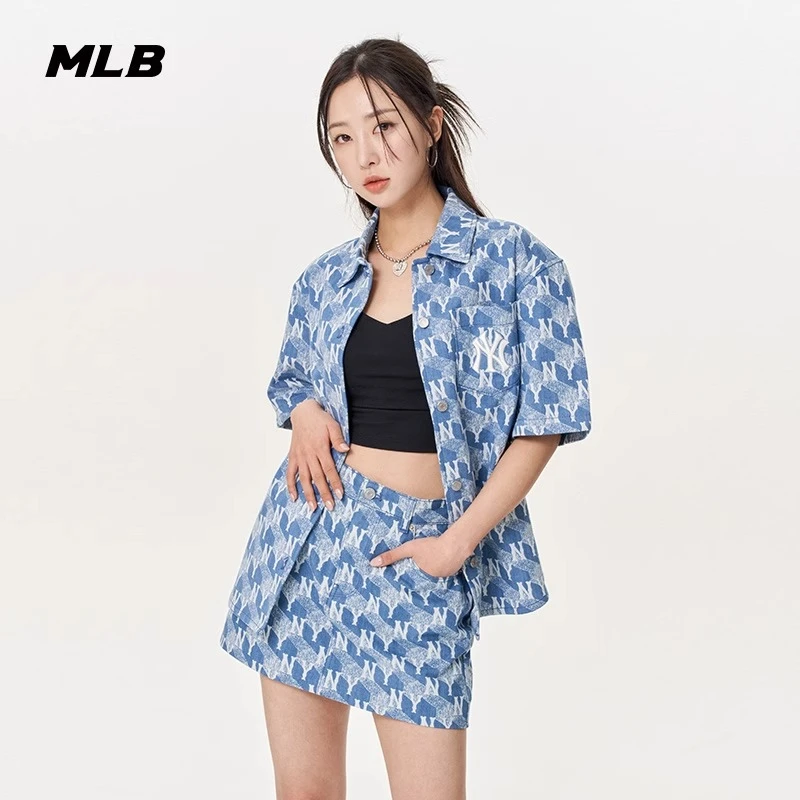 MLB女款几何老花牛仔T恤运动短袖明星同款休闲潮流夏季 3FDRM0633