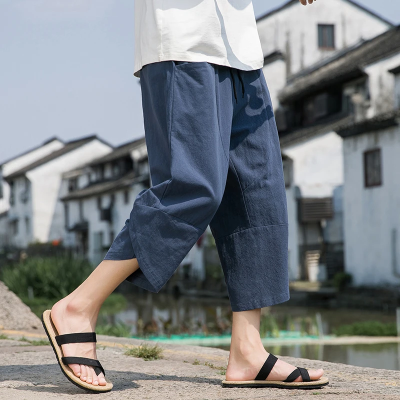 亚麻七分裤男夏季薄款中国风休闲宽松大码新中式男装棉麻哈伦裤潮