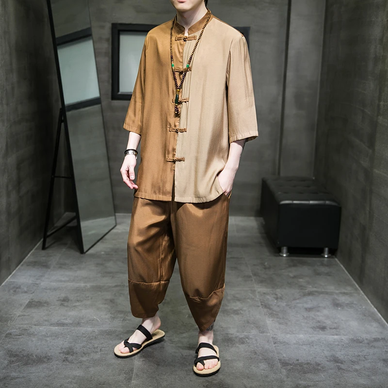 冰丝唐装套装男夏季薄款新中式男装宽松大码复古风中国风短袖衬衫