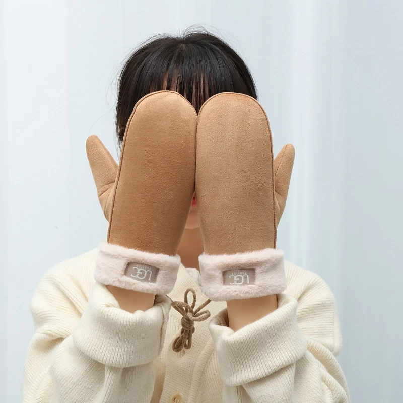 麂皮绒全包连指手套冬季加绒加厚保暖防风防寒毛绒挂脖韩版学生