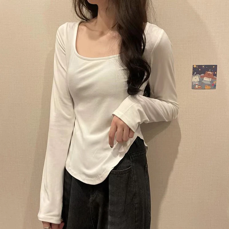 8822#白色方领打底衫女内搭高级感春秋季长袖t恤时尚洋气上衣