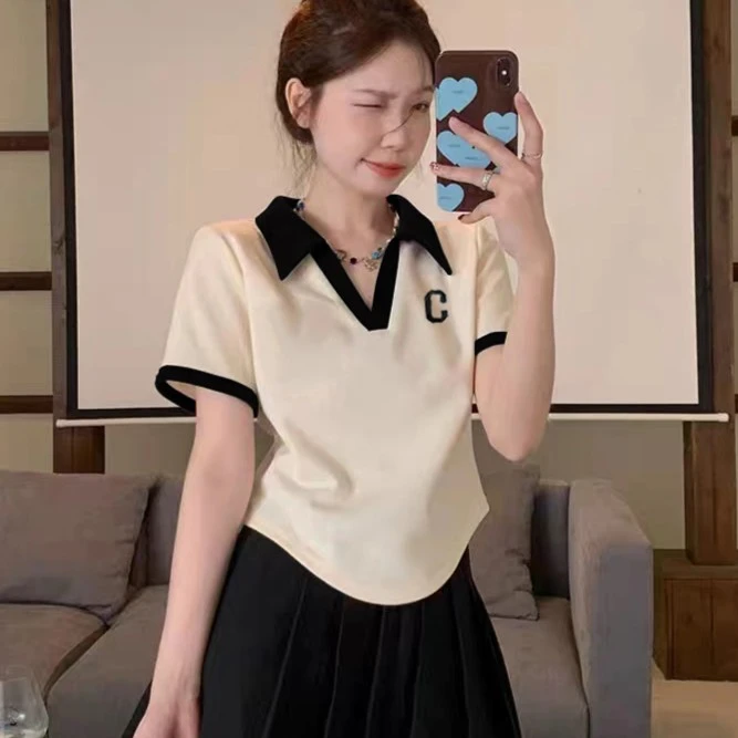 8830#美式复古正肩polo衫短袖t恤女夏修身设计感小众别致短款上衣