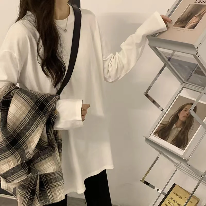 6000#长袖衫t恤女2025秋冬新款韩版大版宽松中长款圆领休闲卫衣潮