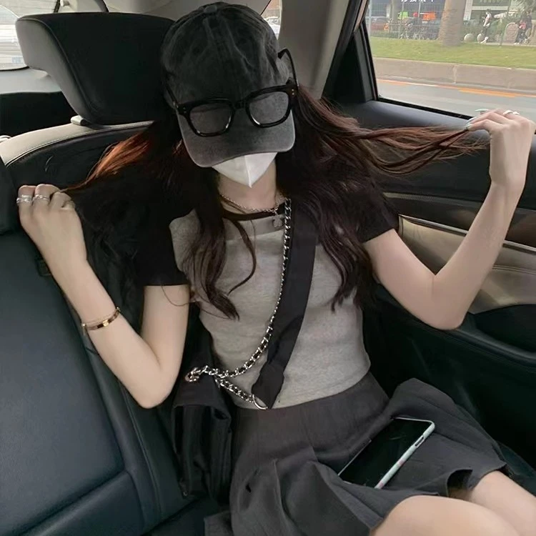 5300#正肩短款t恤女士夏季新款小个子撞色修身短袖上衣黑色体恤