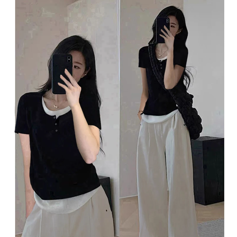 9010#辣妹正肩短袖t恤女2024新款夏季新款显瘦遮肉拼接假两件上衣