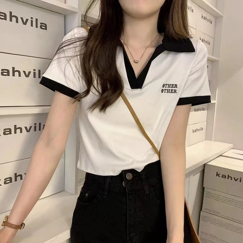 8841#设计感小众短款辣妹纯欲修身短袖t恤女夏季正肩polo领上衣潮