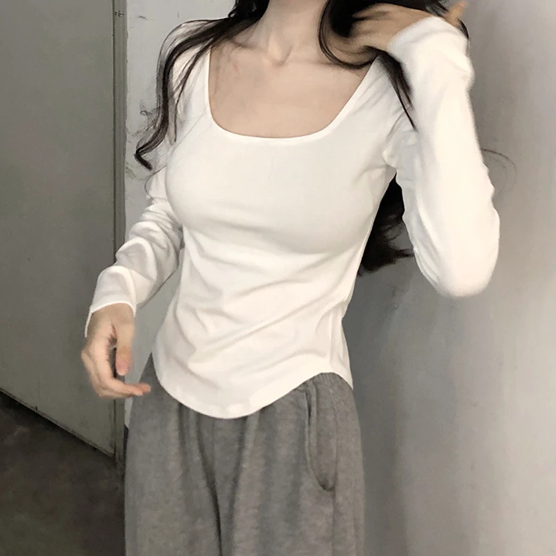 8822#秋冬U领打底衫女2024修身显瘦正肩上衣女内搭白色长袖t恤潮