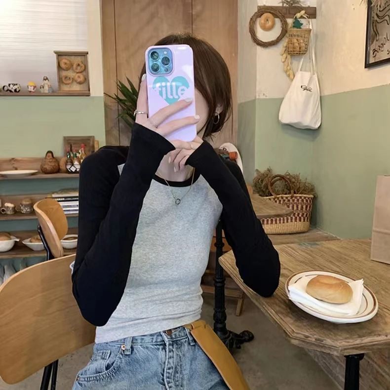 5600#撞色内搭打底衫上衣女秋冬季新款修身显瘦甜辣妹外穿长袖T恤