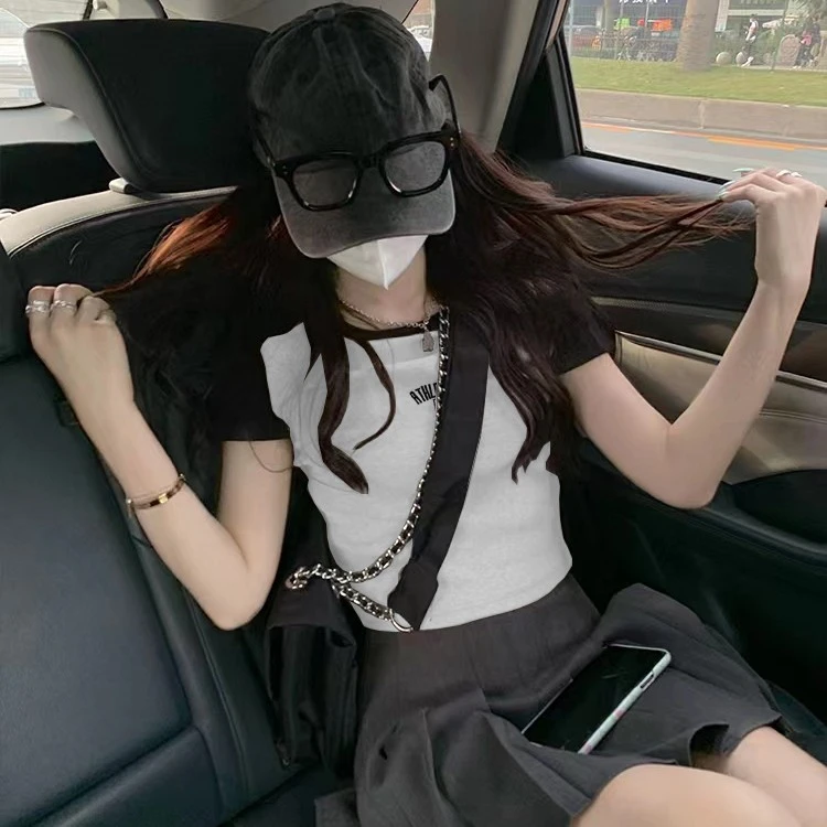 百搭撞色复古绣花正肩短袖t恤女2025夏季圆领设计感小众短款上衣