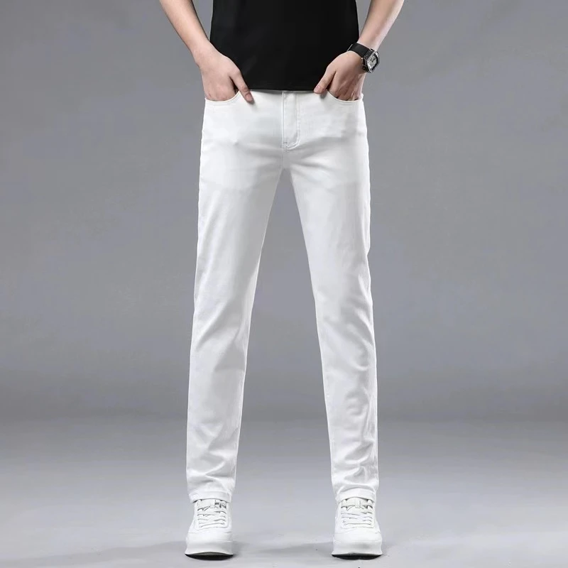 夏季牛仔裤男薄款修身小脚裤白色潮流牛仔裤纯色百搭