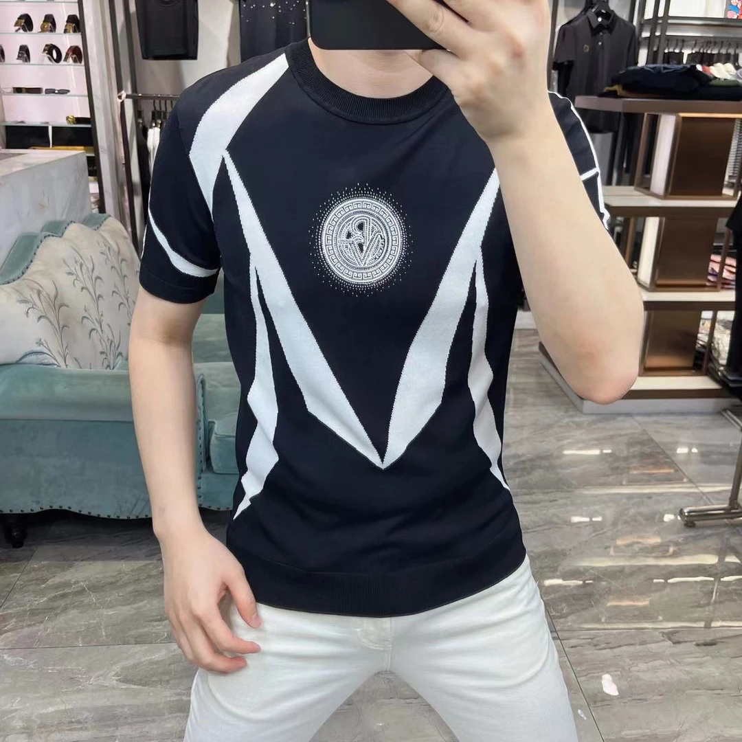 夏季短袖T恤男修身针织伊力特拼色针织半袖