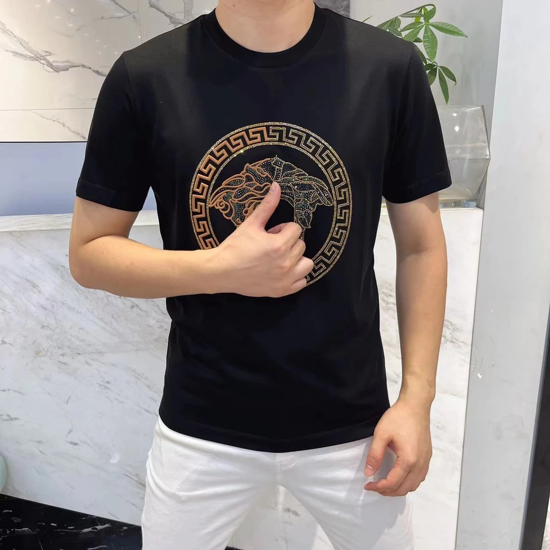 【特价】夏季新款短袖T恤男修身硅胶拼接烫钻潮流半袖轻奢品质男装