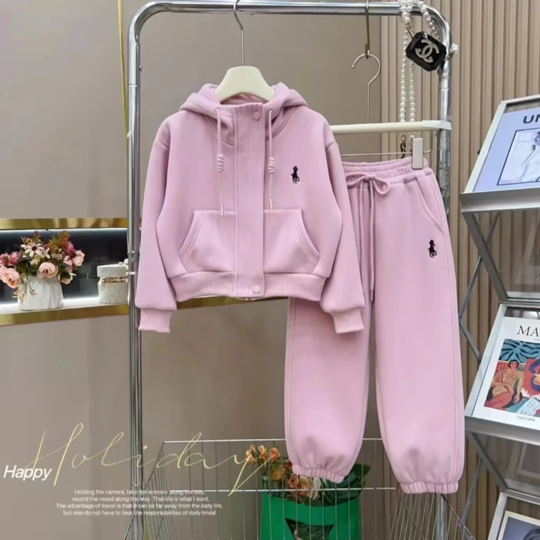 女童2024秋冬季新款韩版时尚洋气加绒加厚一体绒休闲网红连帽套装