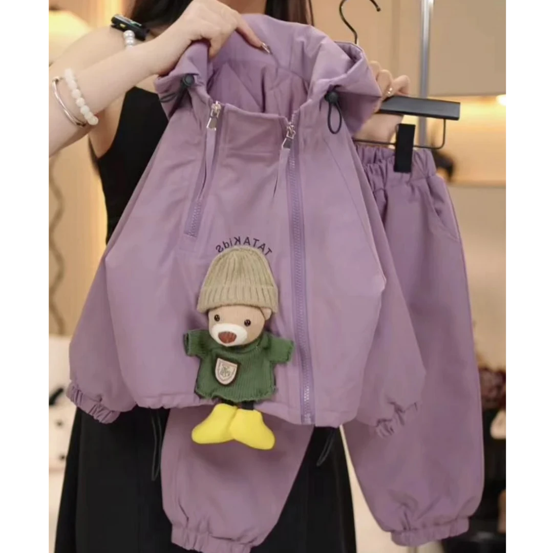 女童2024秋冬款中大童洋气可爱夹棉加厚紫色外套休闲裤两件套