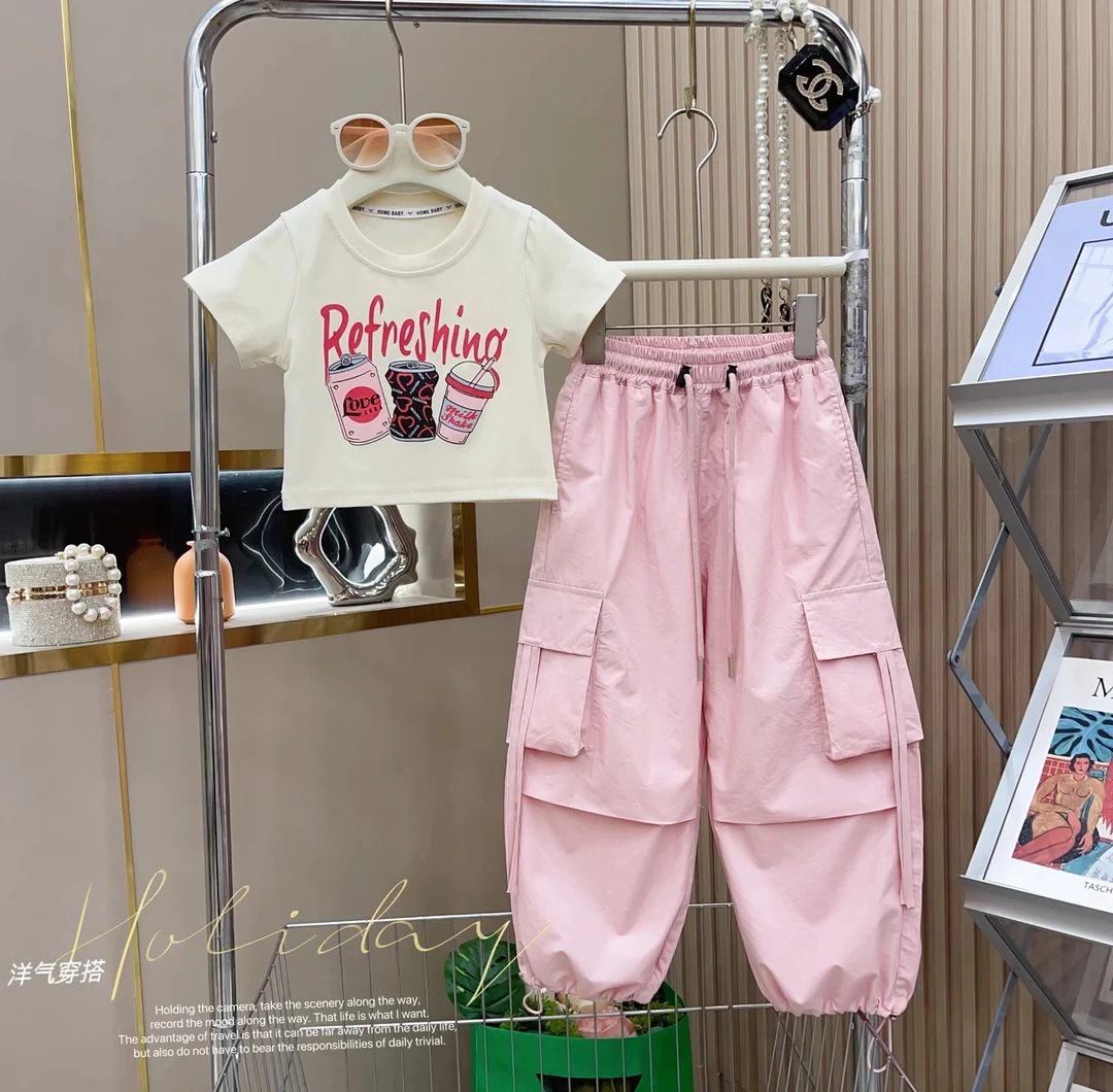 女童2025夏季新款韩版甜酷风夏款中大童薄款束脚工装裤套装宽松
