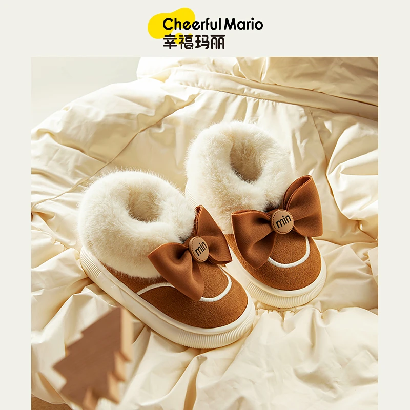蝴蝶结女童棉拖鞋冬季加绒加厚宝宝棉鞋女孩可爱公主冬天家居防滑
